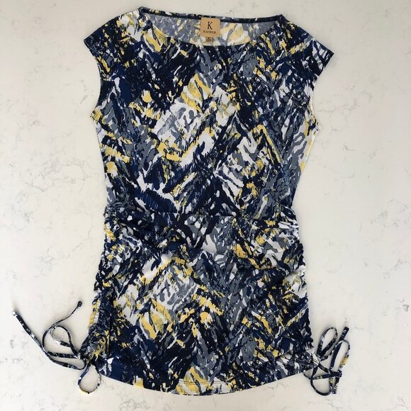 Kasper Abstract Print Mini Dress/Tunic Boat Neck Side Ruching Multi Color Sz S - Picture 1 of 10